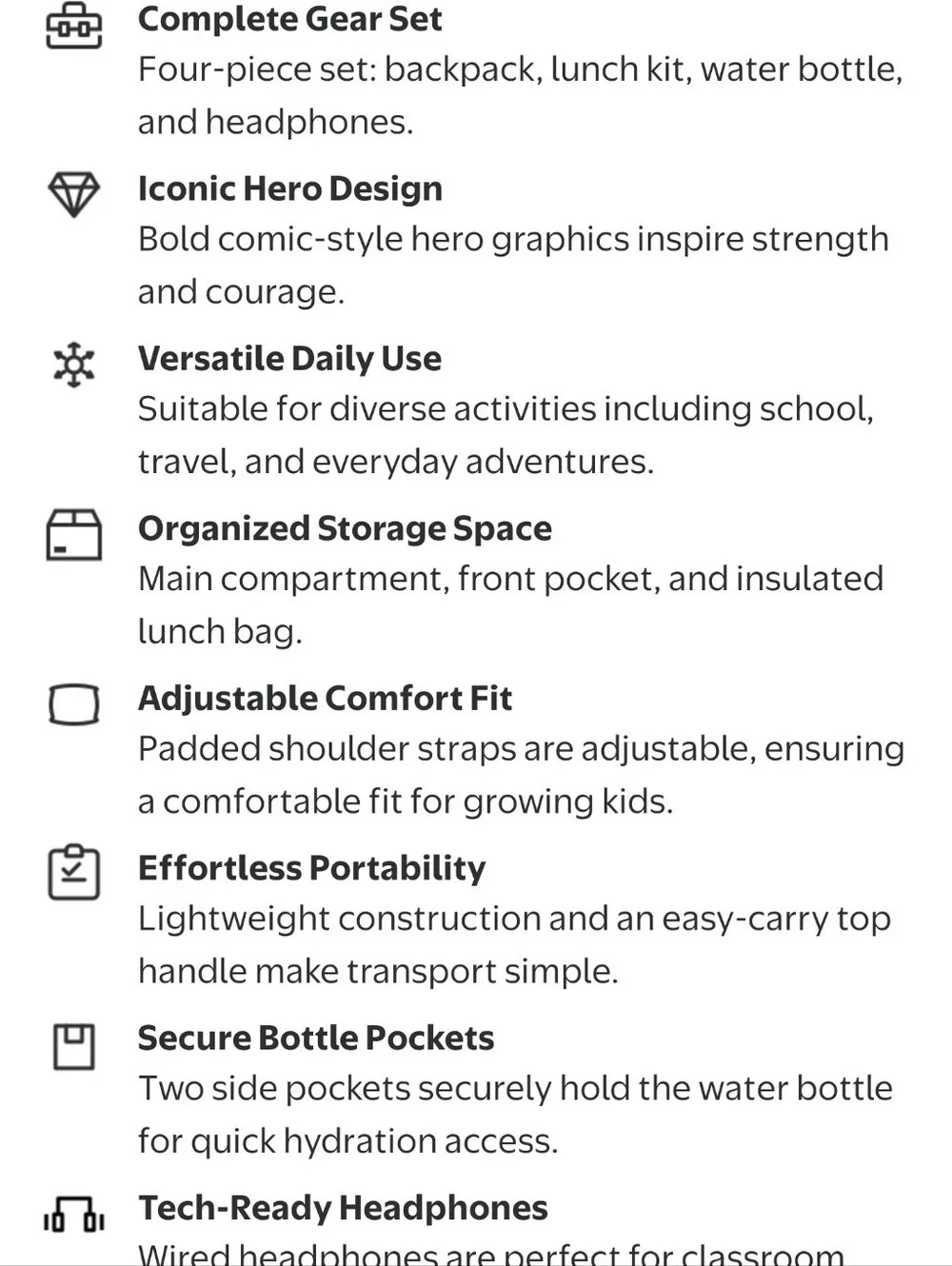 Marvel Black Backpack Set with Lunch kit, Headphones and Water Bottle